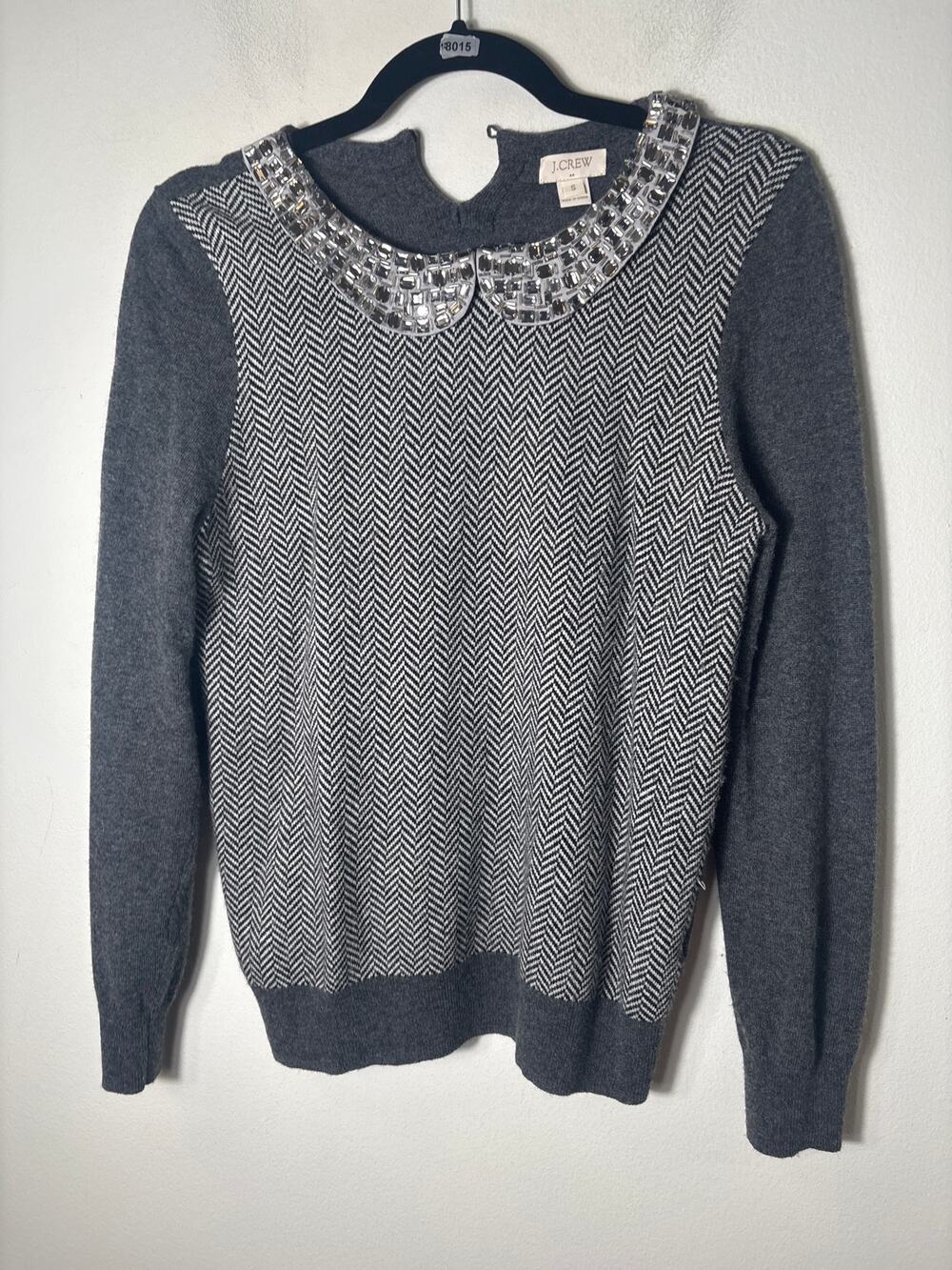 J.Crew Gray With Black and White Houndstooth Jeweled Collar Sweater Sz S